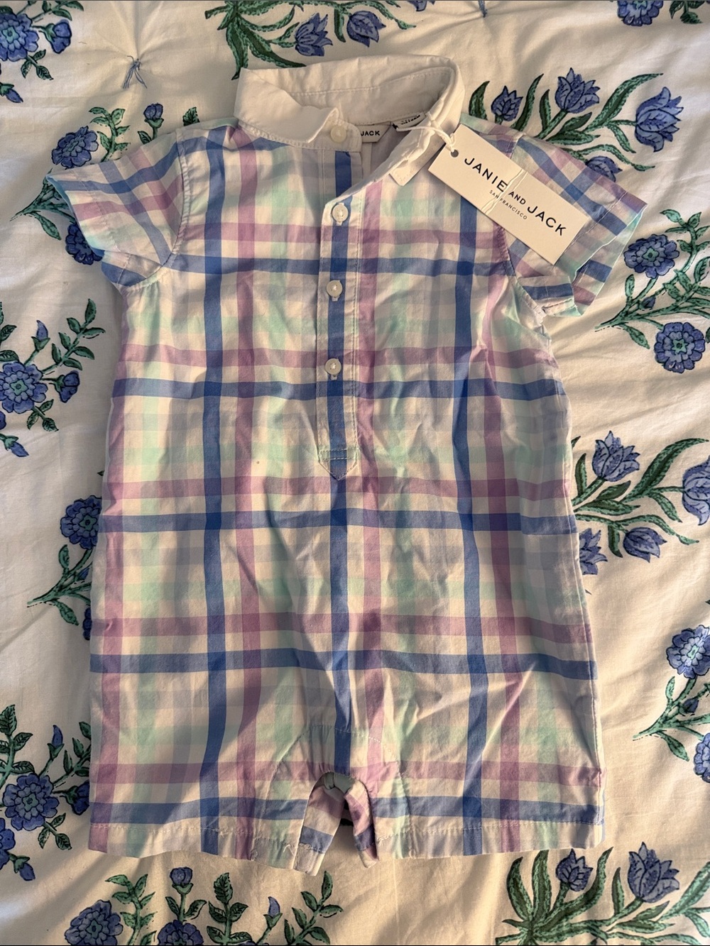 Janie and Jack Pastel Plaid Cotton Button Romper in Pink Blue Mint NWT